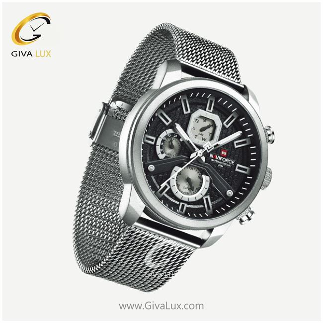 ساعت مچی اورجینال مردانه ناوی فورس|Naviforce|نوی فورس|نیوی فورس سه موتوره فول تایم | نقره ای| مشکی| کد رفرنس NF9211